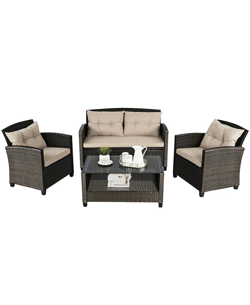 4 Pieces Outdoor Rattan Furniture Set with Glass Table