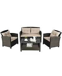 4 Pieces Outdoor Rattan Furniture Set with Glass Table