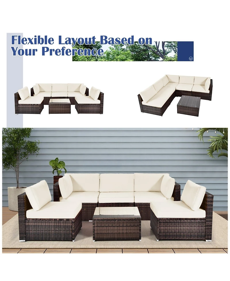 6 Pieces Patio Rattan Furniture Set with Cushions and Glass Coffee Table