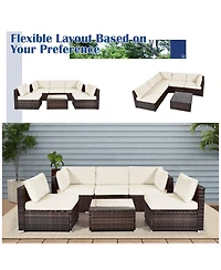 6 Pieces Patio Rattan Furniture Set with Cushions and Glass Coffee Table