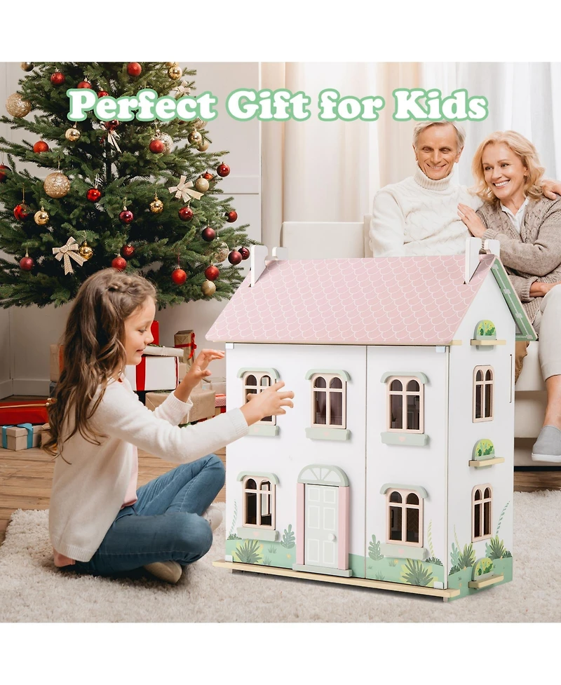 Kids 3-Level Dollhouse with Double-Sided Roofs & Doors Interactive Playset for Kids