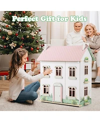 Kids 3-Level Dollhouse with Double-Sided Roofs & Doors Interactive Playset for Kids