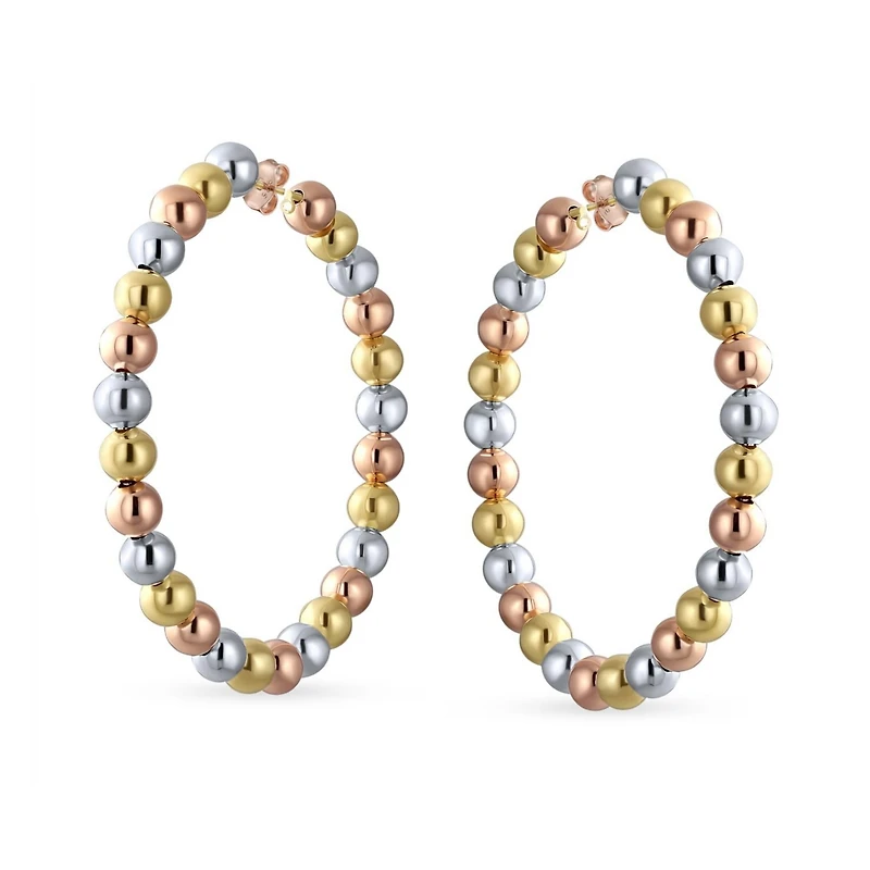 Bling Jewelry Tri Color Bead Hoop Huggie Earrings Gold Plated 2.2 Inch Latch Back Closure