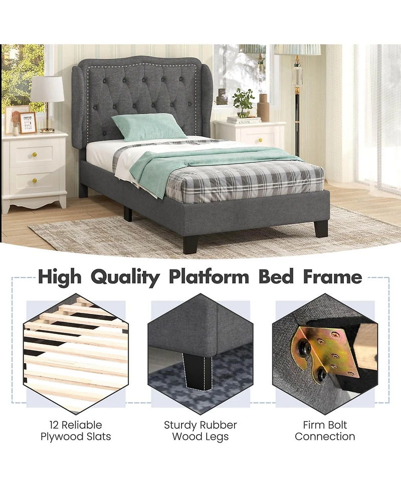 Twin Size Bed Frame with Button Tufted Wingback Headboard Wooden Slats Support