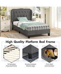 Twin Size Bed Frame with Button Tufted Wingback Headboard Wooden Slats Support