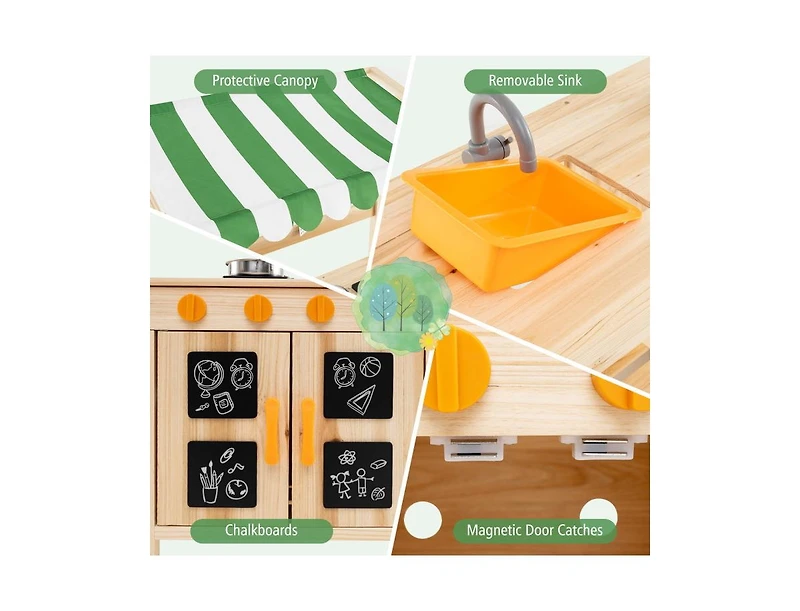 Mud Kitchen Fir Wood Play Kitchen with Canopy and Sink and 4 Stoves