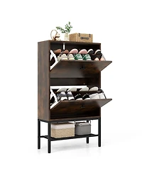 Modern Industrial Shoe Cabinet with Dual Flip Drawers and Bottom Display Shelf
