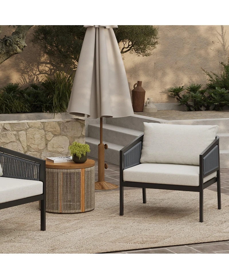 LuxenHome Outdoor Black Steel with Pe Rope Armchairs with Cushions, Set of 2