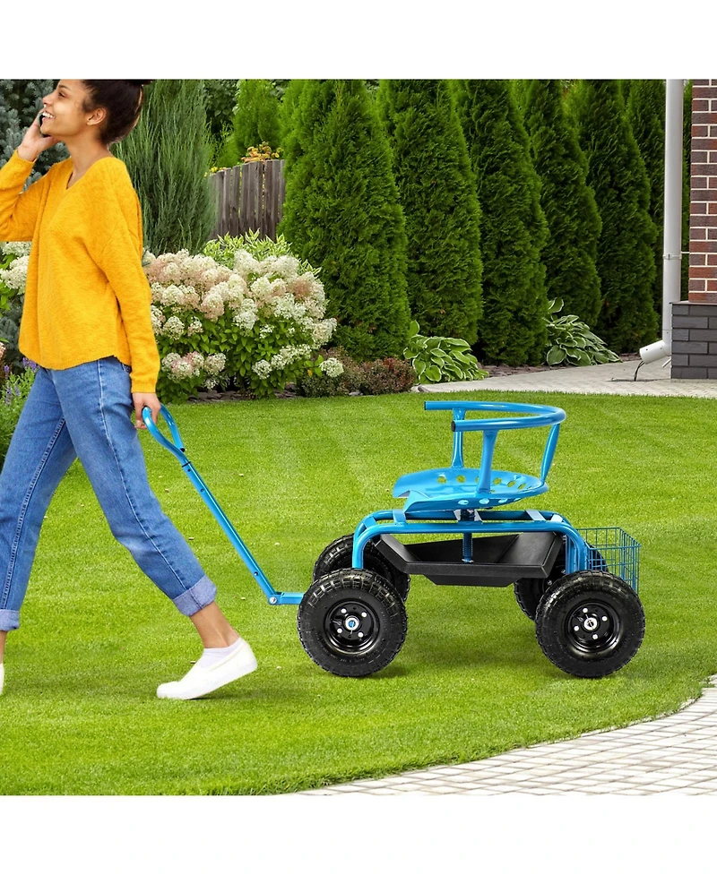 Cushioned Rolling Garden Cart Scooter with Storage Basket and Tool Pouch Comfortable Convenient Outdoor Helper