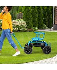 Cushioned Rolling Garden Cart Scooter with Storage Basket and Tool Pouch Comfortable Convenient Outdoor Helper