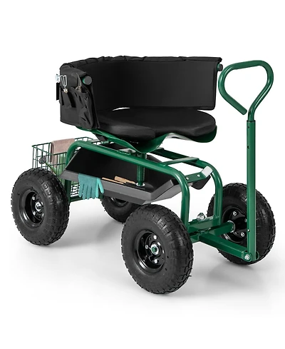 Cushioned Rolling Garden Cart Scooter with Storage Basket and Tool Pouch Comfortable Convenient Outdoor Helper