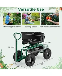 Cushioned Rolling Garden Cart Scooter with Storage Basket and Tool Pouch Comfortable Convenient Outdoor Helper