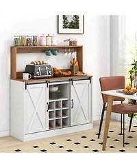 47.5" Farmhouse Coffee Bar Cabinet with Charging Station Glass Cup Holders Hutch