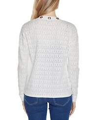 Belldini Women's Pointelle and Grommet Open Cardigan Sweater