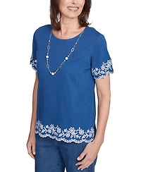 Alfred Dunner Petite Embroidered Scalloped-Trim Necklace Top