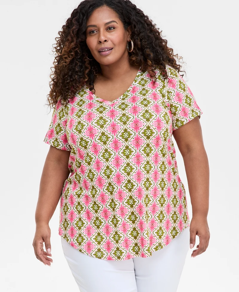 Jm Collection Plus Printed Scoop-Neck Top