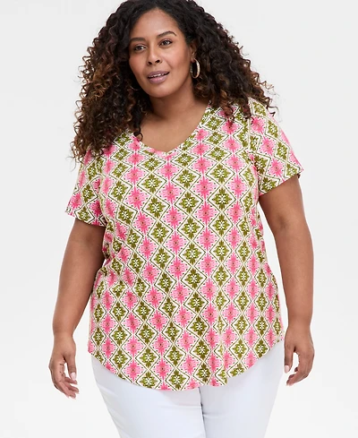 Jm Collection Plus Printed Scoop-Neck Top