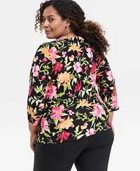 Jm Collection Plus Size Printed 3/4-Sleeve Top, Exclusively at Macy's