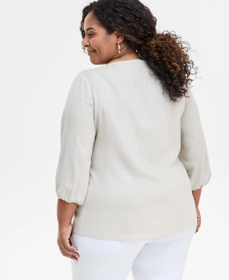 Jm Collection Plus Pleated Split-Neck Top, Exclusively at Macy's