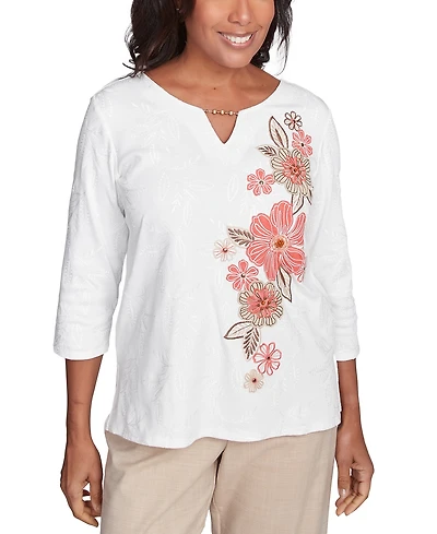 Alfred Dunner Petite Floral-Embroidered Split-Neck Top