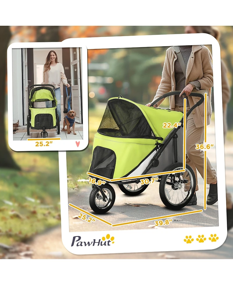 PawHut 3 Wheels Dog Stroller w/ One-Hand Fold, Rubber Wheels,