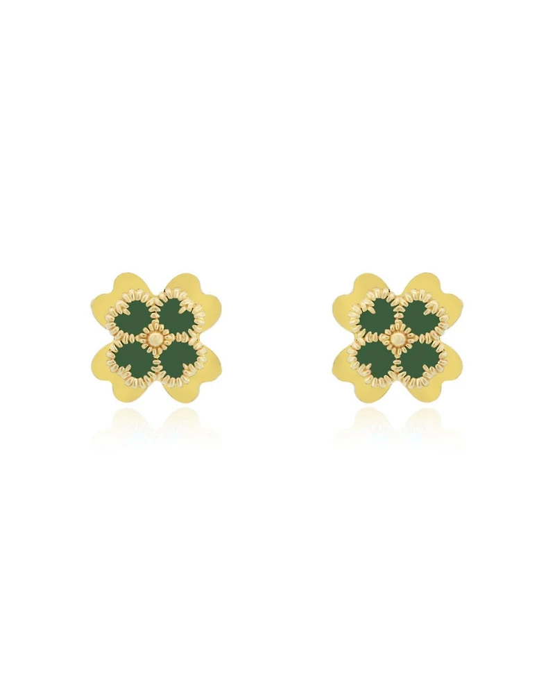The Lovery Green Enamel Four Leaf Clover Stud Earrings 14K Gold