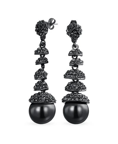Bling Jewelry Crystal Disc Ball Dangle Simulated Pearl Earrings Formal Holiday Party Black Teardrop