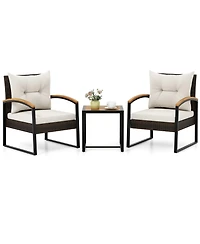 Gymax 3PCS Patio Wicker Furniture Set Pe Wicker Furniture Conversation Set w/ Acacia Wood Table