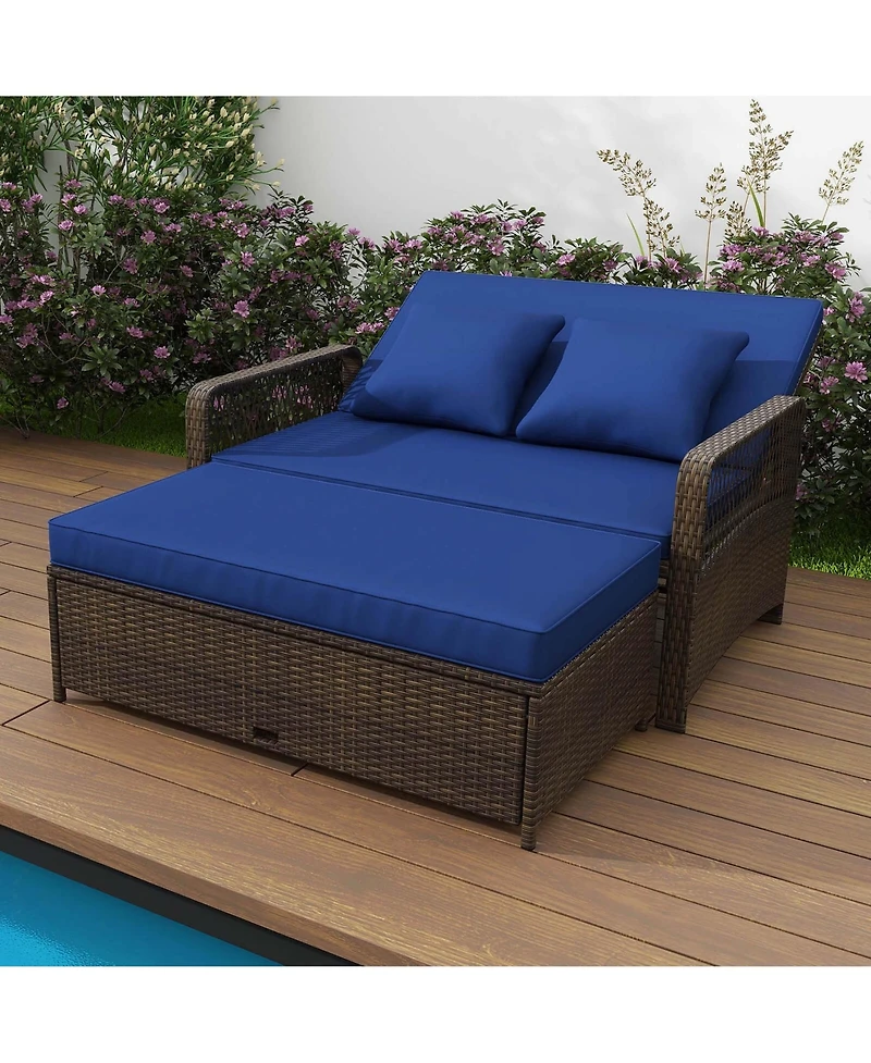 Patio Rattan Daybed Wicker Loveseat Sofa with Multifunctional Ottoman