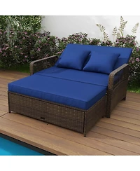 Patio Rattan Daybed Wicker Loveseat Sofa with Multifunctional Ottoman