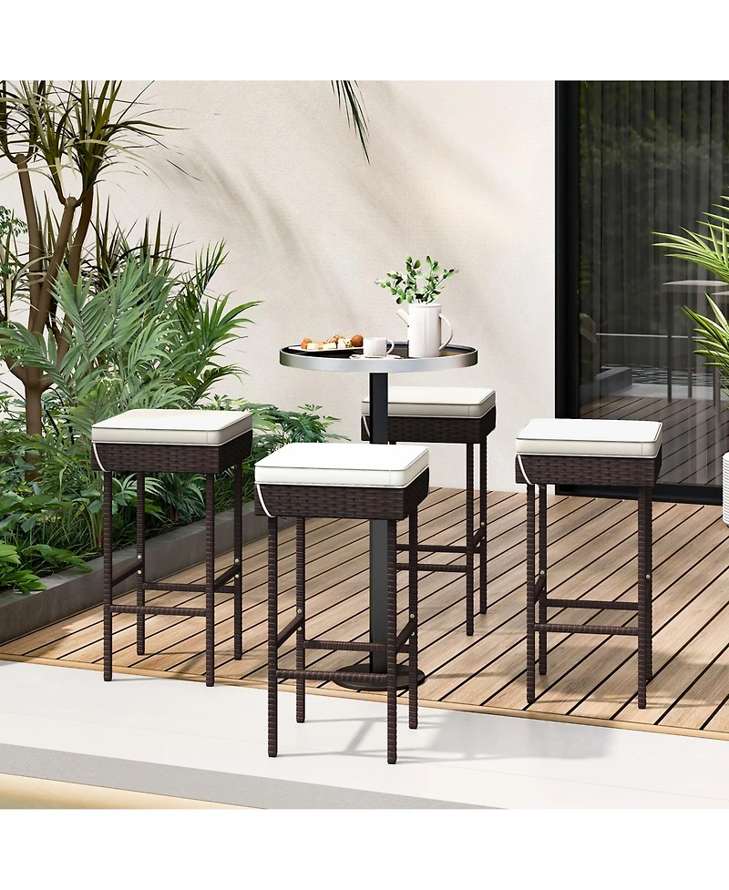 Patio Rattan Barstools Set of 4 with Footrest and Soft Cushions for Backyard Balcony