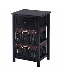 3 Tier Set of 2 Wood Nightstand with 1 and 2 Basket Drawer