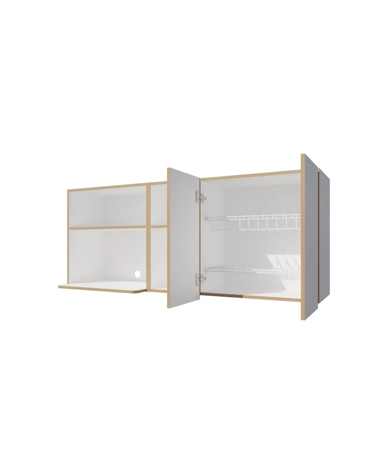 Fm Furniture Wall-Mounted Kitchen Cabinet with Microwave Space, Open Shelves, and Double Doors – Natural Oak and White