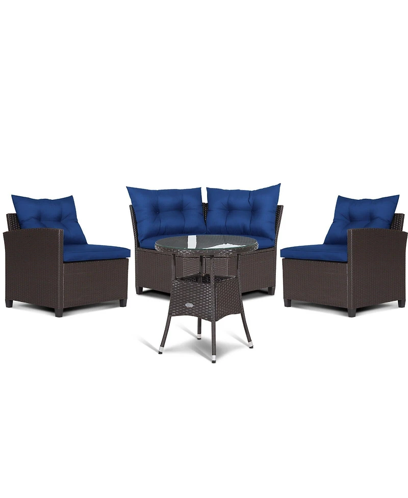 4 Pieces Patio Rattan Furniture Set Cushioned Sofa Glass Table