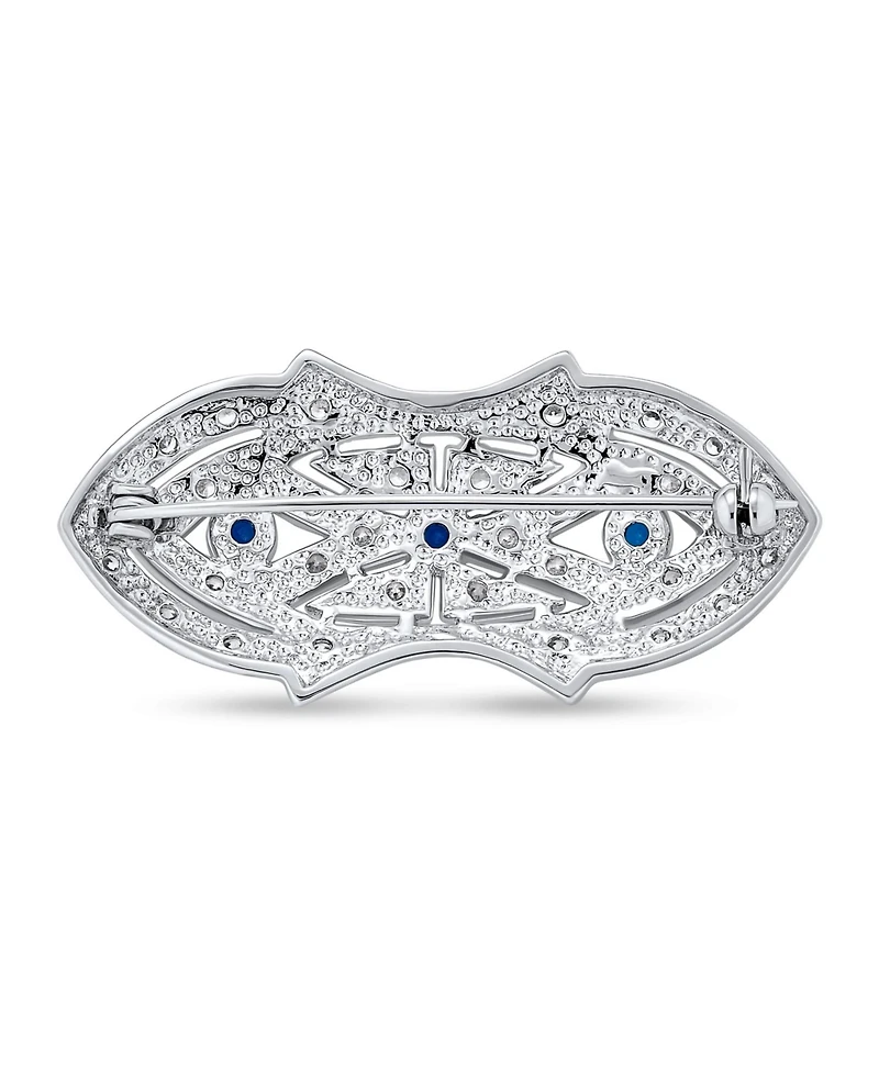 Bling Jewelry Art Deco Brooch Pin with Blue Cz Cubic Zirconia Rhodium Plated