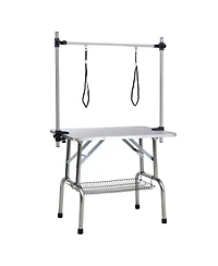46" Folding Dog Pet Grooming Table Stainless Steel Frame Rubber Mat on Board with Adjustable Arm and Clamps pet dog Cat Grooming Table (Pink Color)