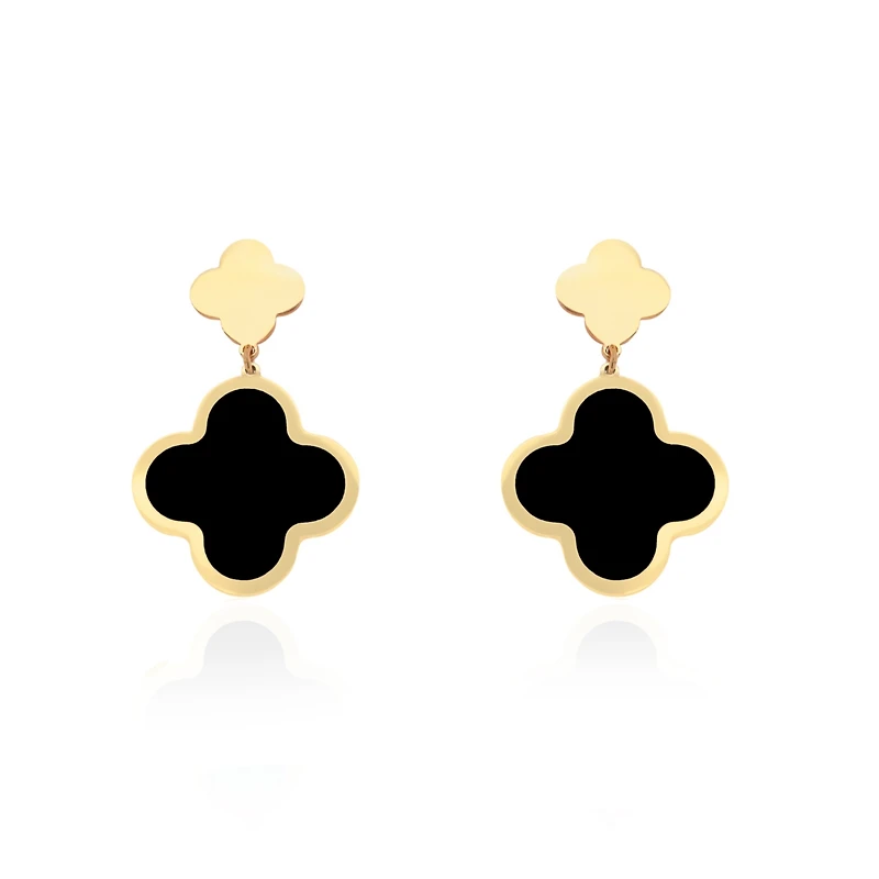 The Lovery Onyx and Gold Clover Drop Earrings 14K Gold
