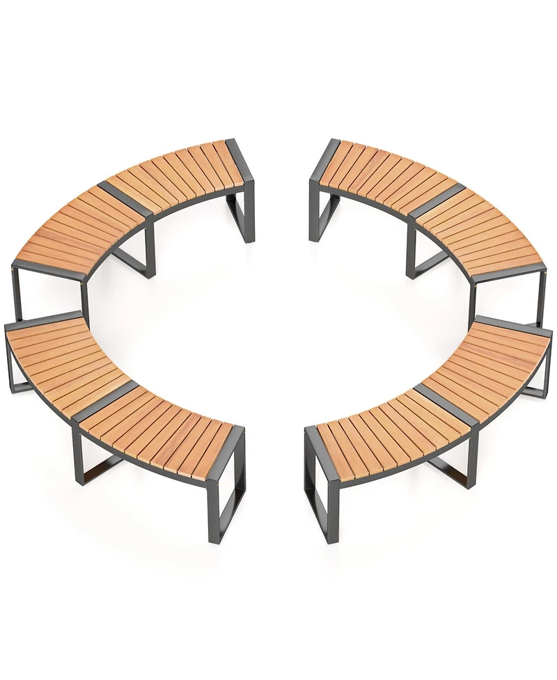 Patio Curved Bench with Slatted Seat and Metal Legs-2 Pieces