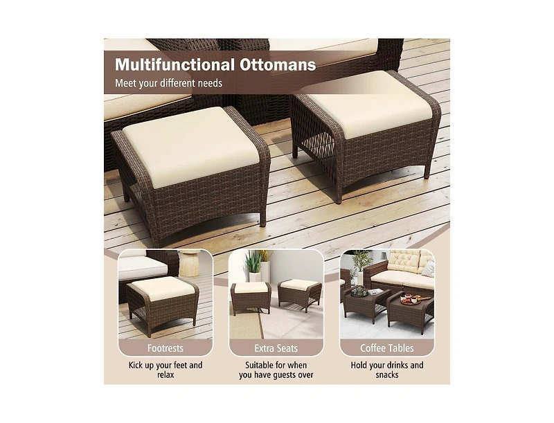 Set of 2 Outdoor Patio Pe Wicker Ottomans with Removable Cushions