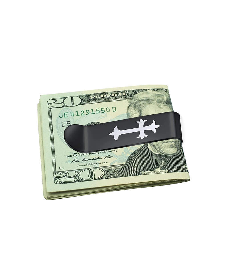 Bling Jewelry Two Tone Black Stainless Steel Fleur de Lis Cross Money Clip Holder