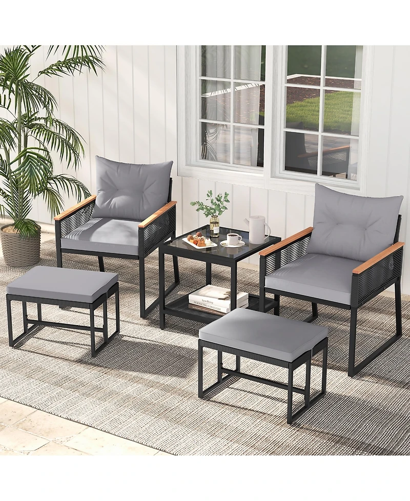 Gymax 5 Piece Patio Conversation Set Pe Rattan Wicker Chairs w/ 2 Ottomans Soft Cushions