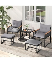 Gymax 5 Piece Patio Conversation Set Pe Rattan Wicker Chairs w/ 2 Ottomans Soft Cushions