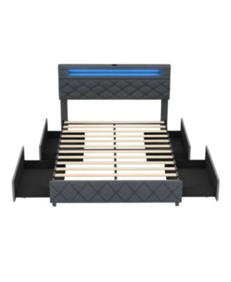 Bed Frame with Adjustable Storage Headboard Wooden Slat Support