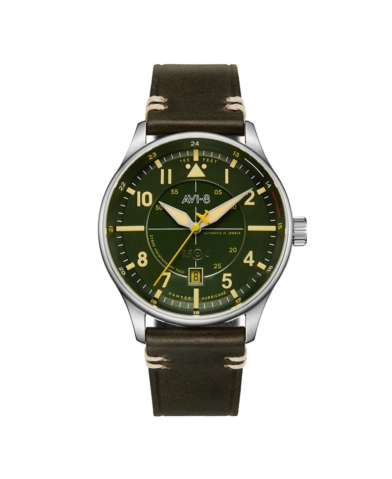 Avi-8 Men's Hawker Hurricane Kent Automatic Green Leather Strap Watch, 43mm