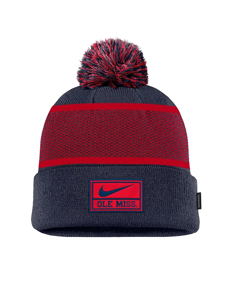 Nike Big Boys and Girls Navy Ole Miss Rebels 2024 Sideline Peak Cuffed with Pom Knit Hat