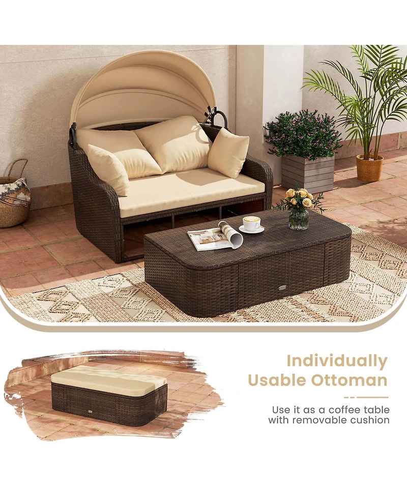 Patio Pe Rattan Daybed with Retractable Canopy Soft Cushions and Extra Pillows