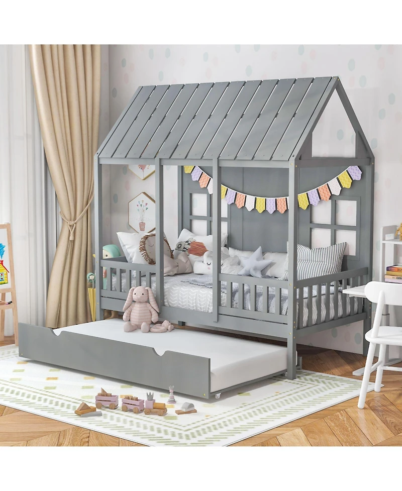 House Bed Frame with Trundle and Tall Roof Design for Kids Bedroom or Guest Room