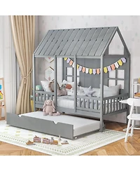 House Bed Frame with Trundle and Tall Roof Design for Kids Bedroom or Guest Room