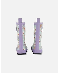Deux par Deux Girl Printed Rain Boots Small White Flowers On Turquoise And Lilac - Toddler|Child