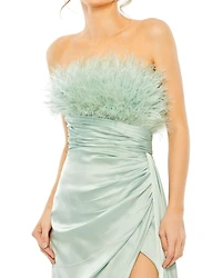 Women's Strapless Feather Detail Satin Gown